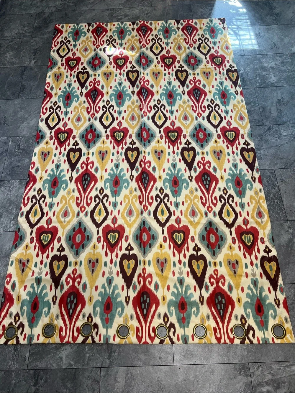 Pier 1 Imports pair of Patterned brass Grommet IKAT Curtain Panels 50” X 84”